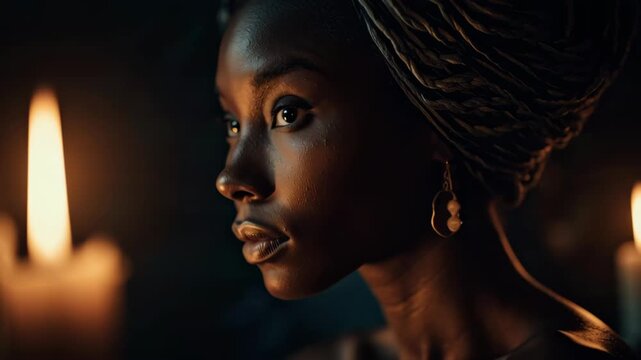 Close-up of a thoughtful African American woman by candlelight in a dark room.