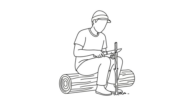 Man sharpening axe while sitting on log outdoors.