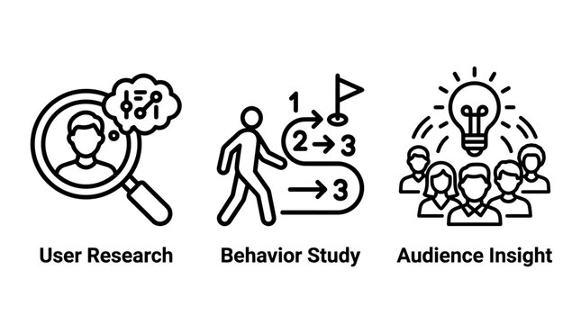 Set of user research and behavior analysis icons for digital marketing and analytics with business intelligence research behavior analytics audience marketing customer strategy analysis