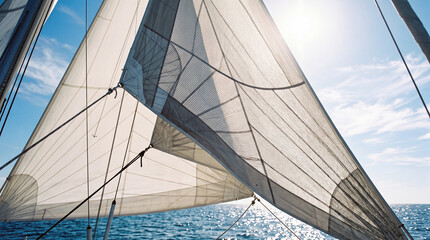 Obraz premium Sailboat rigging stretches tight against a brilliant blue sky as the vessel navigates open ocean waters during a sunny afternoon.