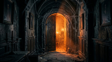 Naklejka premium Abandoned hallway with open door.