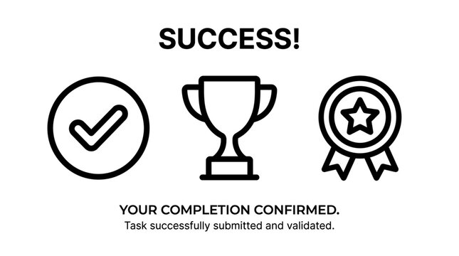 Success concept illustration with check mark trophy cup and award ribbon badge representing task completion and achievement completion business performance validation approved