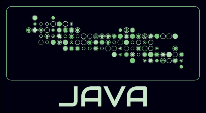 Java digital style map. Large circle dots on dark background. Dotted shape of the island. Java map and title. Modern vector illustration.