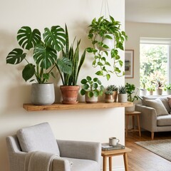 Fototapeta premium Cozy Living Room Corner with Lush Green Houseplants on a Wooden Shelf.