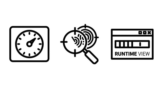 Runtime performance monitoring and system diagnostic line icons showing speedometer radar scanning and software application loading bar performance speedometer scanning diagnostic software