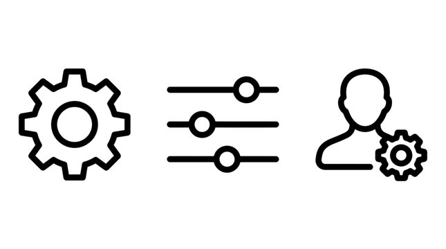 Set of three technical settings and user management interface icons with settings cogwheel configuration preferences customization adjustment technical interface management development