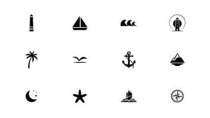 Minimalist black and white icon set showcasing nautical adventure and coastal exploration themes for travel branding © PRITOM