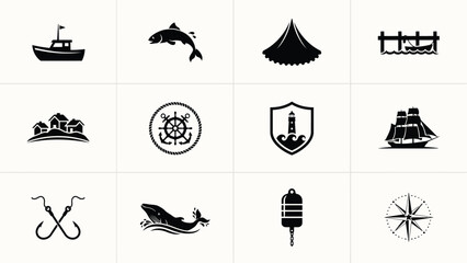 Black and white nautical themed icons showcase maritime adventure symbols for travel branding © PRITOM