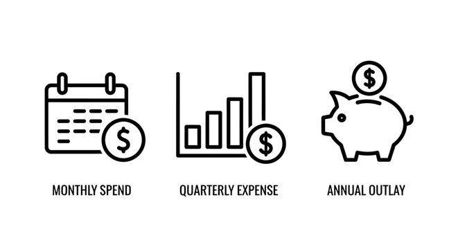 Business finance icons showing monthly spend quarterly expense annual outlay with business calendar quarterly investment accounting spending currency management corporate financial planning