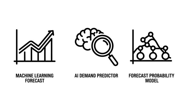 Machine learning forecast and AI demand prediction modeling icons set with learning forecast artificial intelligence predictor modeling analysis statistics business strategy technology