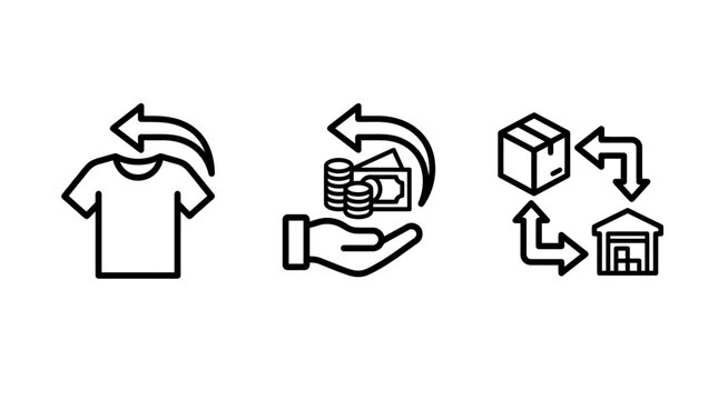 Product returns and refund process business line icons with exchange logistics warehouse business ecommerce shipping inventory management customer transaction delivery operation minimalist