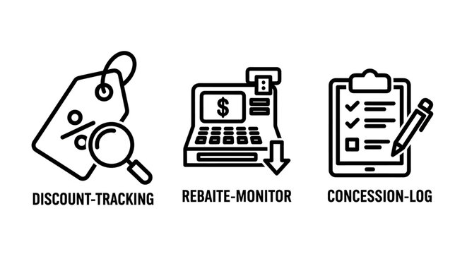 Business financial icons for discount tracking rebate monitoring concession logging with discount tracking concession accounting business commerce management shopping analysis checklist