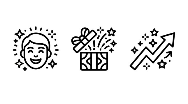 Set of business success and growth icons featuring happy person gift box rising arrow business development achievement positive incentive increase performance marketing strategy leadership