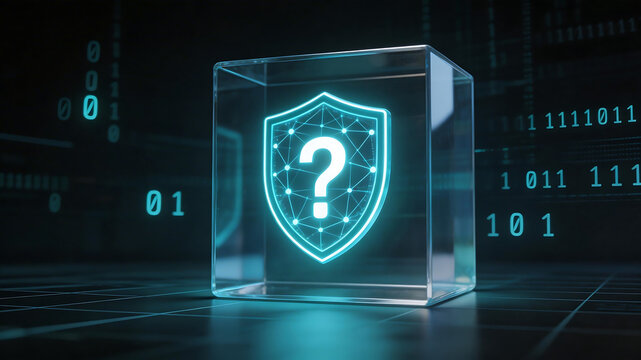 Digital security shield with question mark