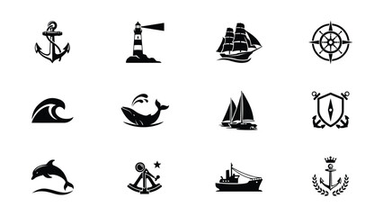 Nine vintage nautical icons showcase maritime heritage with bold silhouettes for travel branding © PRITOM