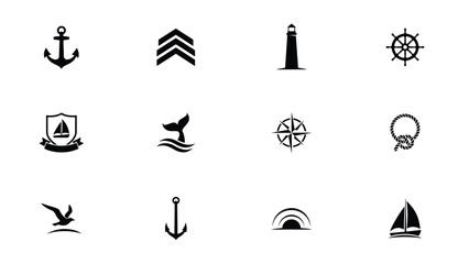 Nautical themed vector icons showcase diverse maritime symbols for travel adventure © PRITOM