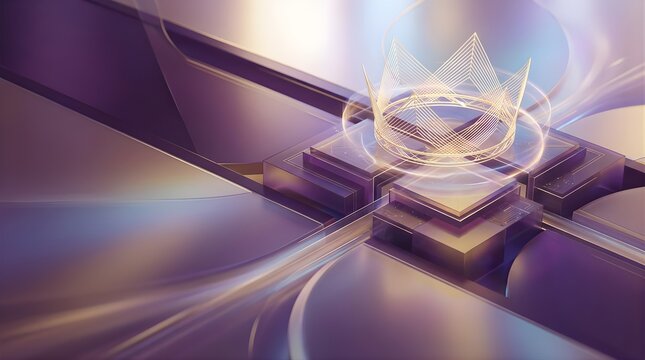 Abstract 3D gold wireframe crown on futuristic purple geometric platform