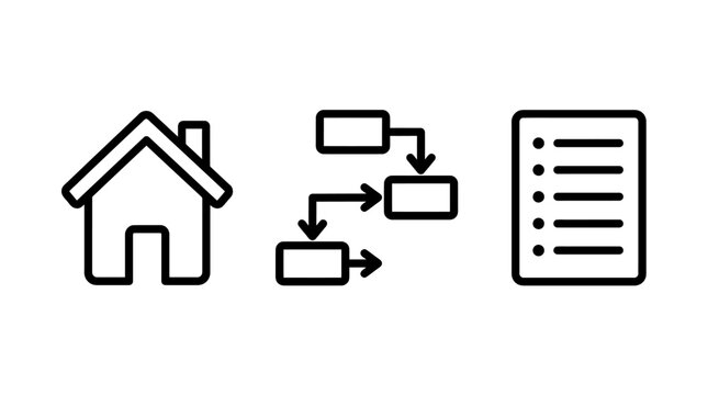 Minimalist set of outline icons representing home navigation flow and document list with flowchart navigation minimalist interface graphics structure document application elements organized