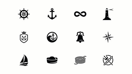 Minimalist nautical and maritime symbols collection featuring ship wheel anchor infinity lighthouse coat of arms bell compass sailboat life buoy rope and knot designs for branding © PRITOM