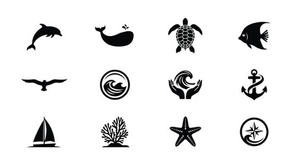 Minimalist black and white nautical and marine life icons collection for travel branding © PRITOM