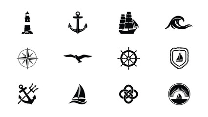 Elegant nautical themed icons showcase vintage maritime adventure symbols for travel branding © PRITOM