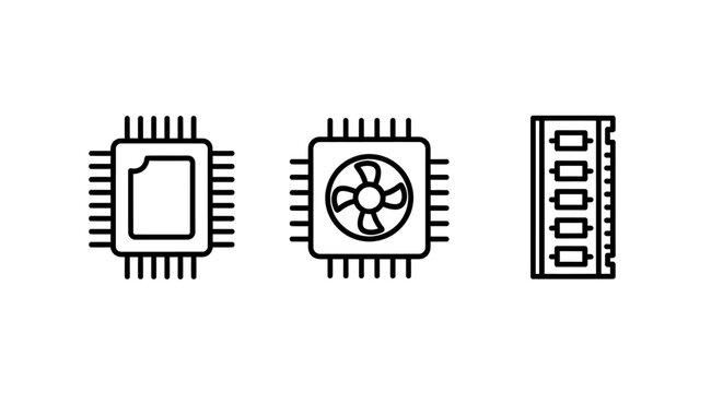 Computer hardware components and cooling system symbols including microprocessor chip and memory module outline icons with computer hardware processor electronic technology component motherboard