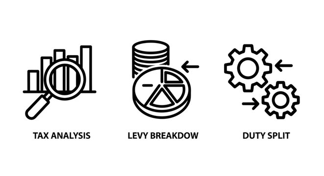Financial data analysis and levy distribution business icons with analysis breakdown magnifying research business accounting economics distribution operations management illustration