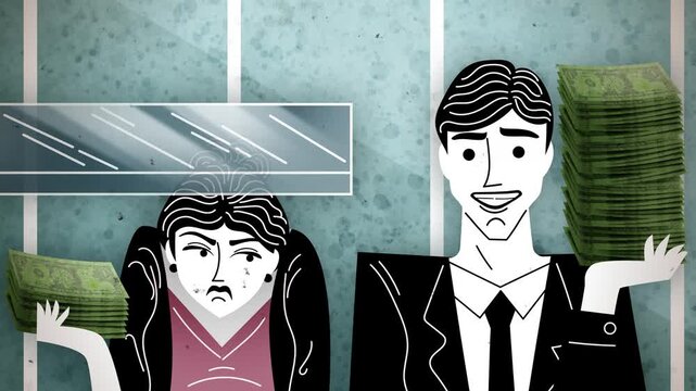 businesswoman hitting the glass ceiling while a businessman earns a higher salary