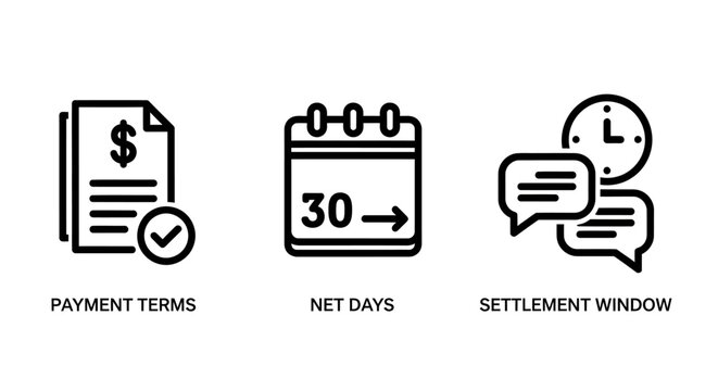 Business financial icons representing payment terms thirty day net terms settlement calendar settlement deadline communication business transaction accounting contract agreement