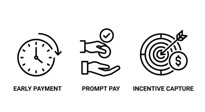 Set of finance icons representing early payment prompt pay and incentive capture with business transaction incentive strategy marketing performance accounting commerce management investment