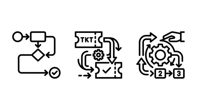 Workflow process icons including flowchart ticketing system and sequential task management with workflow flowchart ticketing management sequence business automation efficiency operations