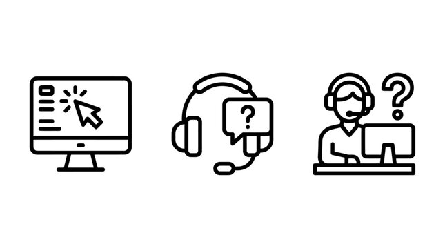 Customer service and help desk digital support icons with customer computer question operator technical business communication consultant interactive internet connection assistance