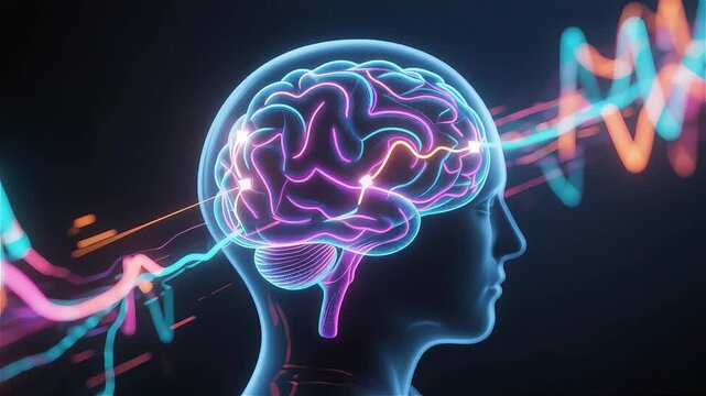 Futuristic cyberpunk neon blue and pink brain silhouette pulsing with digital electricity wave loop.