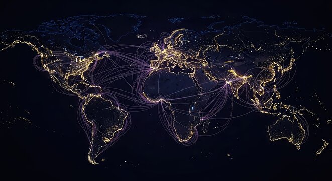 Glowing digital world map showing illuminated paths across dark landmasses representing high-speed fiber optic data and internet links, world, optic, fiber