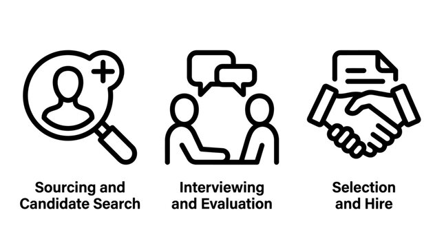 Recruitment and talent acquisition process icons with recruitment sourcing candidate interview handshake business evaluation selection resources staffing employment management corporate