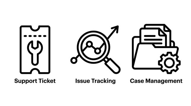 Technical support ticket and case management icon set with tracking management analysis business technical maintenance document statistics investigation organization workflow digitization