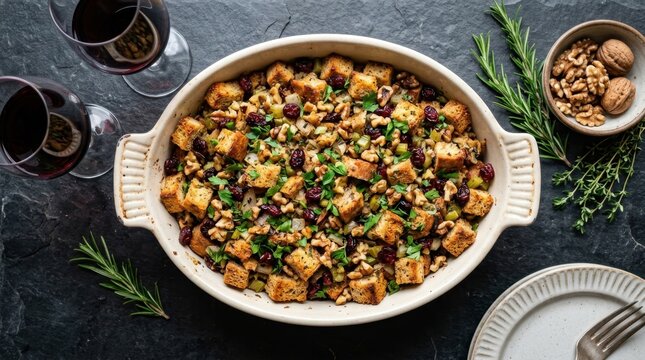 Delicious homemade bread stuffing with cranberries and walnuts, presented in a rustic baking dish, perfect for holiday meals.