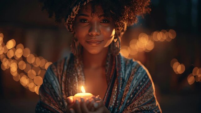 African American woman holding a glowing candle in a peaceful ceremony