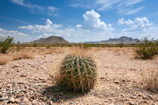 Barrel cactus standing in dry sandy soil within a vast arizona desert landscape under a blue sky for ecological and travel marketing