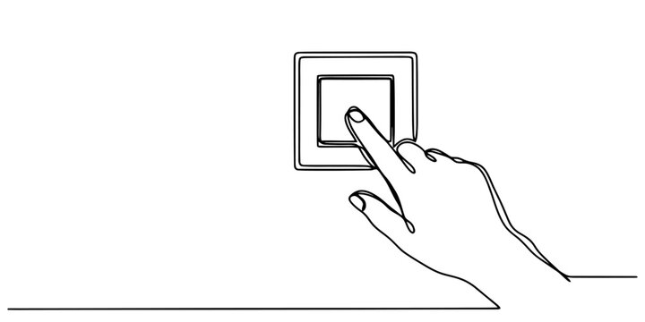 Continuous one line drawing of a human finger pressing a light switch button on the wall