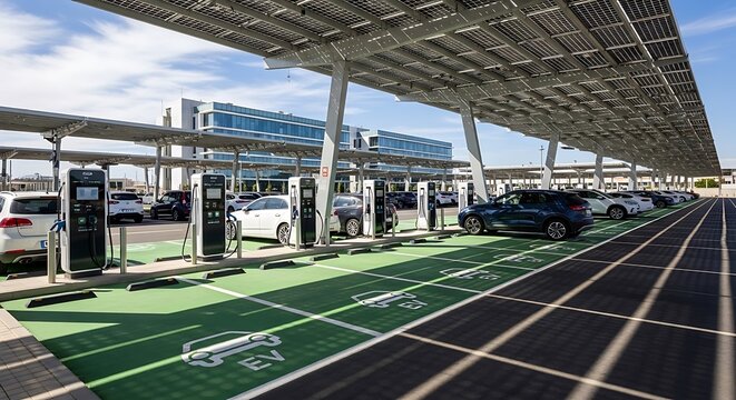 Modern Airport Parking Lot with Electric Vehicle Charging Stations.