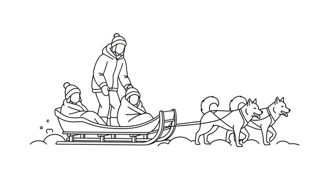 Dog sled team pulling a sleigh with passengers.