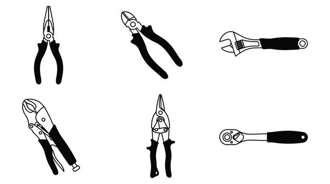 Collection of various black outline work tools including pliers wrenches and snips on transparent background.