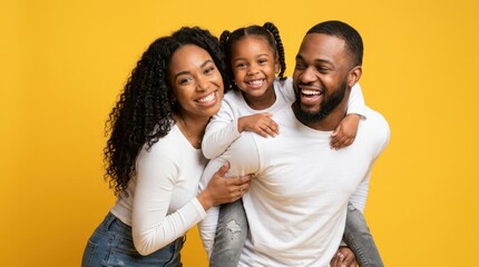 Fototapeta premium Joyful Black Family Portrait, Parents Giving Daughter Piggyback Ride, Smiling Together Against Yellow Background