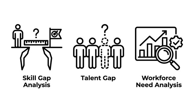 Hr and business analytics icons for skill gap analysis talent gap and workforce need assessment with analysis workforce assessment resources recruitment business management development