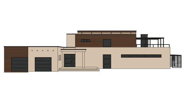 Modern luxury house exterior facade featuring wide garage doors and timber cladding elements on clean background.
