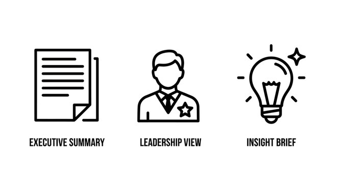 Corporate executive summary and leadership briefing line icons with executive leadership business document management strategy creative thinking professional corporate planning analysis