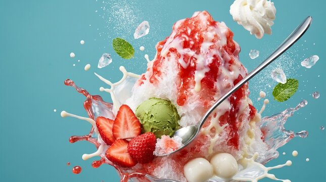 Japanese shaved ice dessert with strawberry syrup matcha and milk splash.