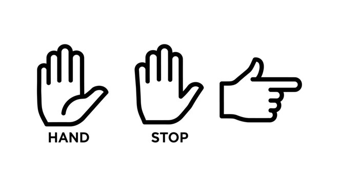 Hand gestures and signals line icon set including open palm stop sign and pointing finger with pointing communication interaction direction attention prohibition navigation language expression
