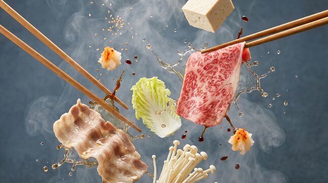 Levitation of Japanese Hot Pot Ingredients with Marbled Beef and Chopsticks.